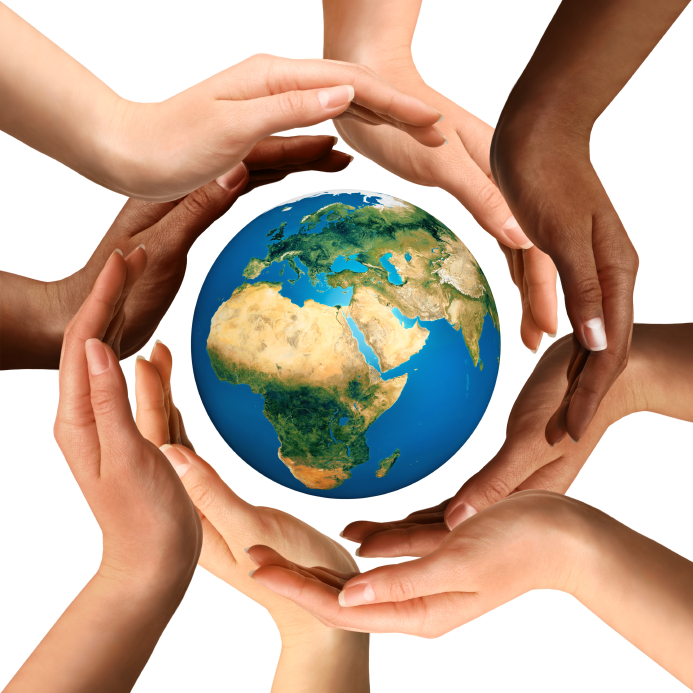 Conceptual symbol of multiracial human hands surrounding the Earth globe. Unity, world peace, humanity concept. Isolated on white background.